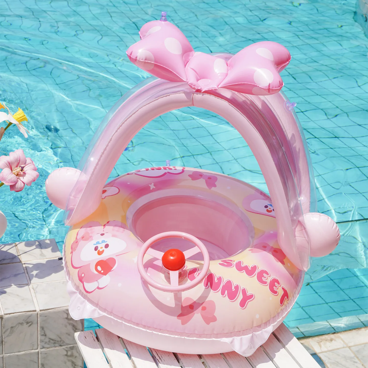 Kids Swimming Ring Sunshade Canopy Rabbit Design Sunscreen Inflatable Seat Boat Baby Girl Toddler Pool Water Play Floating Gear