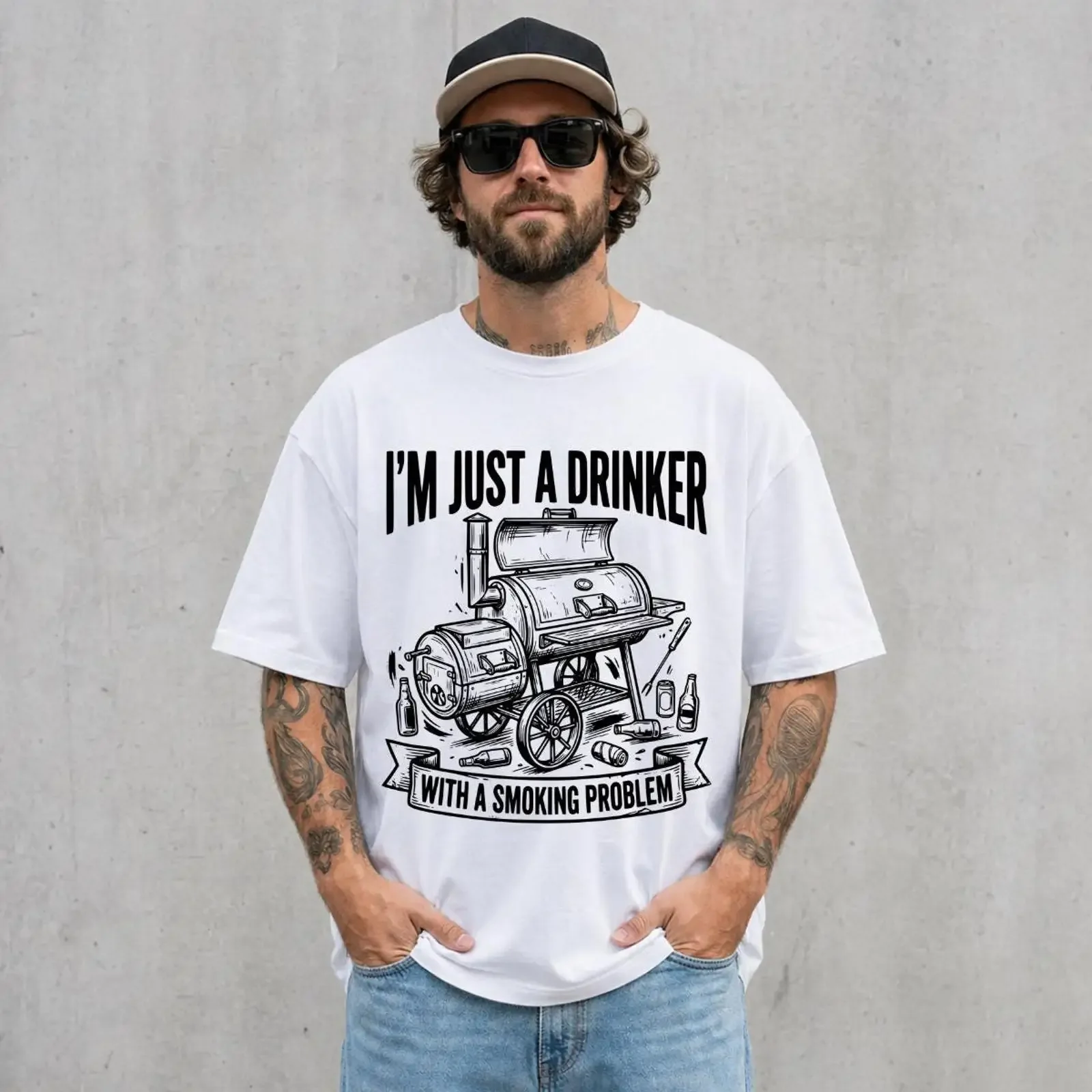 I'm Just A Drinker With Smoking Problem T Shirt Funny BBQ Grilling Pitmaster For Dad Barbecue Lover  vintage Washed Casual