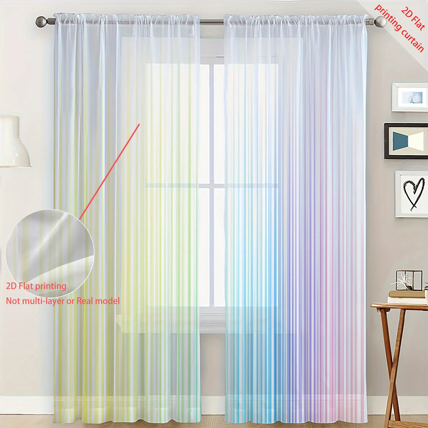 2 Pieces HD Digital colorful lines Printed Window Screen Home Decor Style Decoration Living Room Bedroom Rod