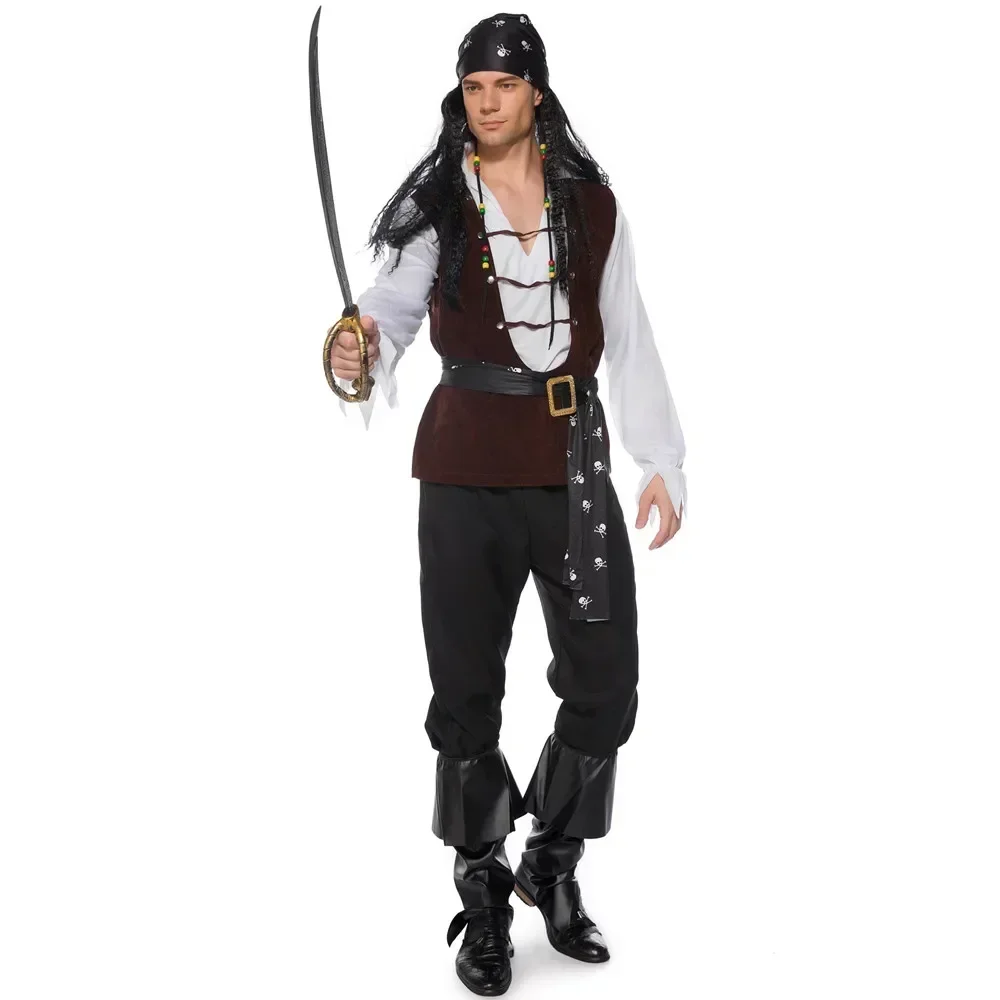 Disfraz de capitán pirata y esqueleto Caribeño para Halloween, camisa, pantalones, chaleco, cinturón, pieza para la cabeza, ropa de Cosplay de lujo para hombres