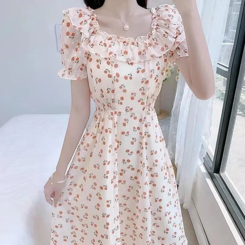 여름 레이디 쉬폰 맥시 드레스 2025 여성 반팔 긴 드레스 프랑스 Femme 연꽃 잎 칼라 꽃 프린트 a 라인 Vestidos