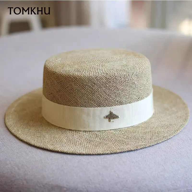 Fashion Raffia And Straw Two Layer Splicing Sunscreen Straw Hat Spring Summer British Flat   Top Panama Sunshade Bee Beach Hat