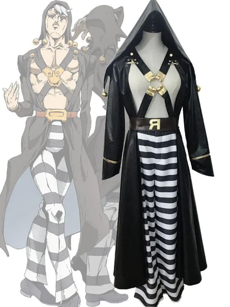 Disfraz de Anime JoJo's Bizarre Golden Wind Risotto Nero, uniforme de PU, gabardina con capucha, pantalones, trajes de fiesta de Halloween