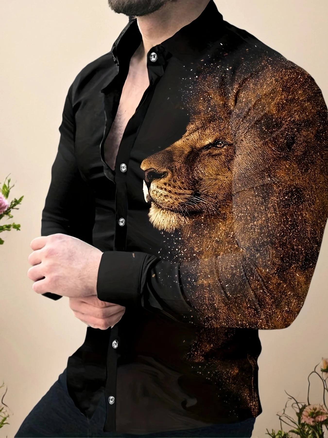 Men Long Sleeve Button‑Up Shirt Black Base Golden Lion Partial Print Lapel Street Party Casual Tops