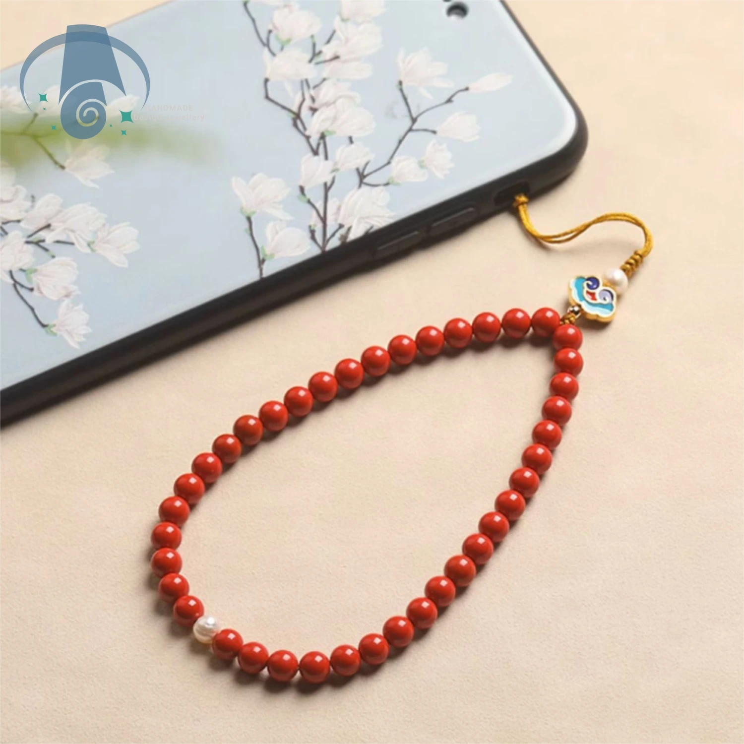 

Genuine Cinnabar Pearl Phone Lanyard Short Chinese Style Anti Loss Wrist Unisex Mobile Charm Jewelry Gift for Men Women Fashion