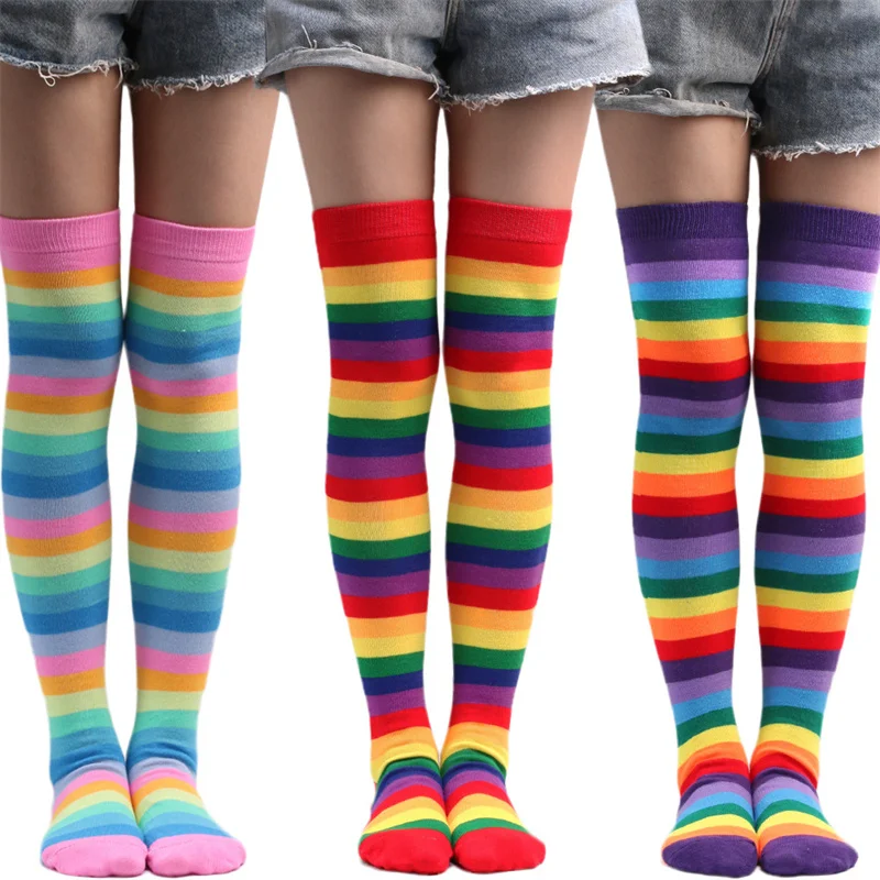 Colorful Rainbow Stripes Stocking Women Over Knee Long Cotton Socks Cosplay Costume Lolita Thigh High Soxs Halloween Christmas