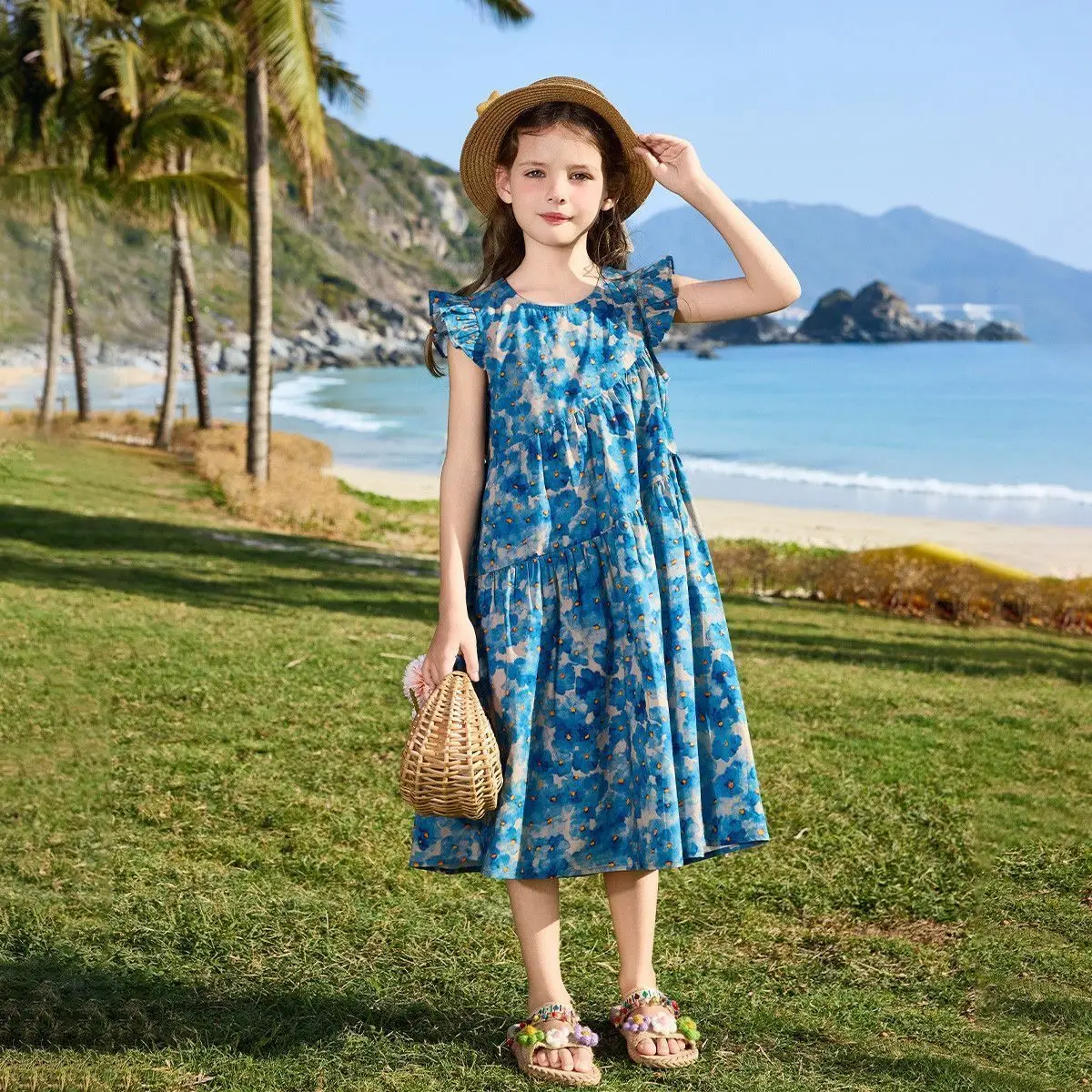 2026 retro French ruffle summer kid baby party princess Girls Teenager floral dress blue LAYERED 4 6 7 8 9 10 11 12 13 14 Years