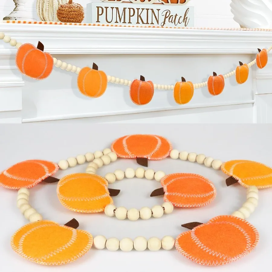 

Осенние украшения для дома, гирлянда из тыквы, регулируемая деревянная бусина, фетровые тыквы, подвесная гирлянда, осенний баннер для каминного камина I