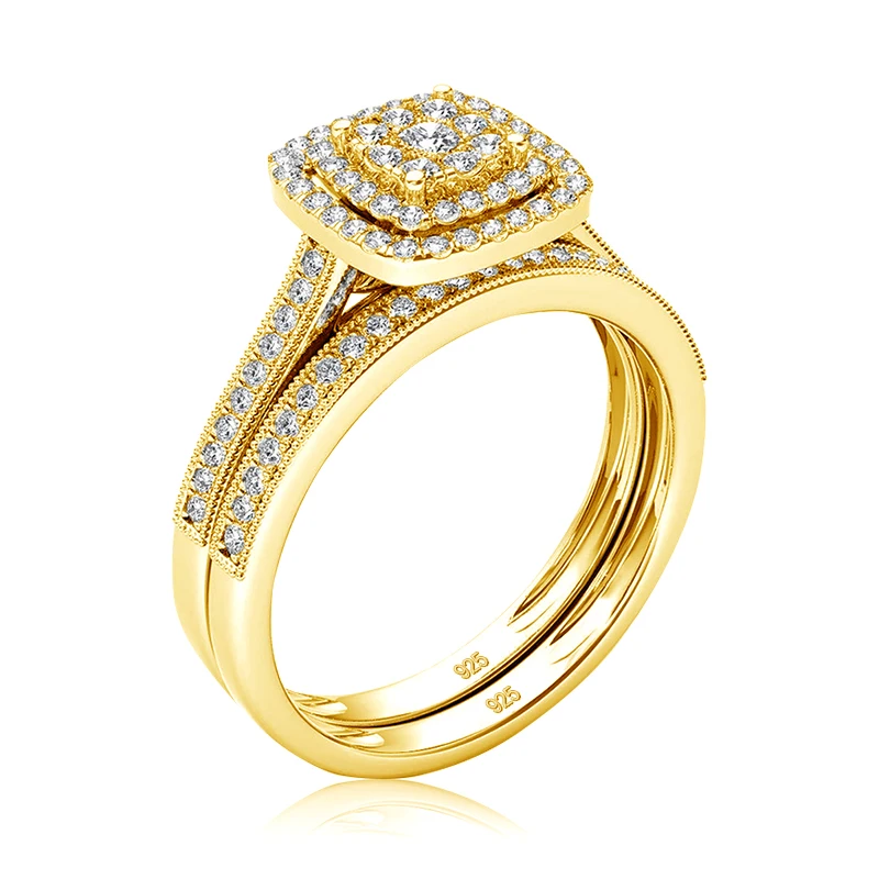 2-teiliges Set aus gelbgoldenen Moissanit-Verlobungsringen für Frauen, 100% echt, besteht den Diamanttester, Hochzeitsring, Schmuck, Geschenk für Liebespaare – Detail 4