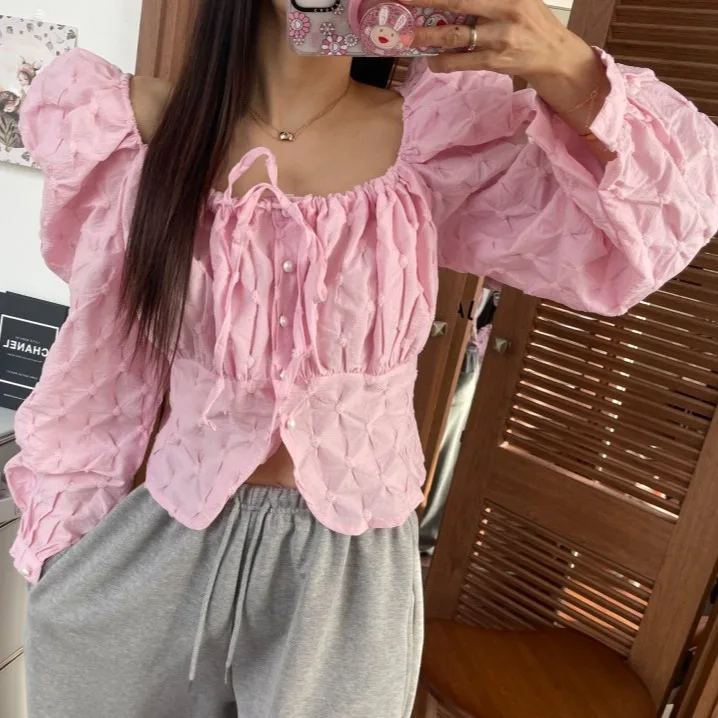 

Chic Sweet Anti-Aging Square Collar Drawstring Bubble Sleeve Shirt Women's Spring New Plaid Short Top Korean Style Regular Fit