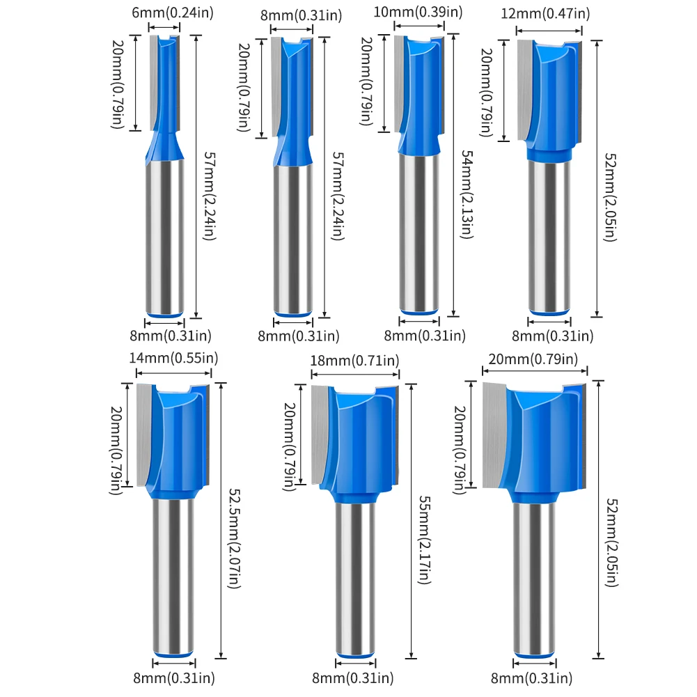 7pc 8mm Shank Straight Bit Tungsten Carbide Double Flute Router Bits Milling Cutter For Wood Woodwork Tool