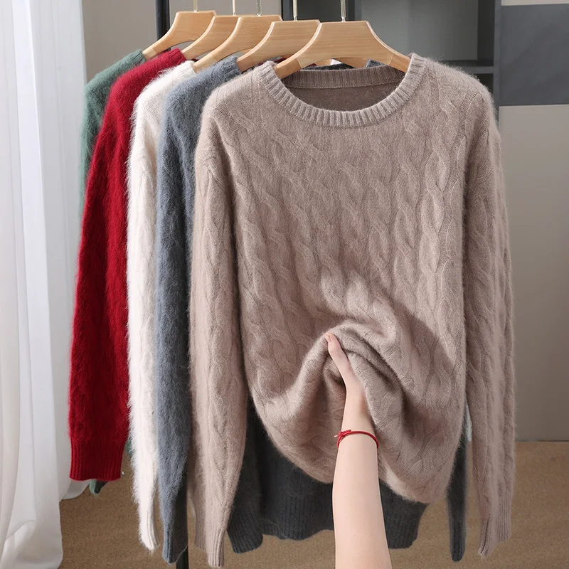 

Men's Round Neck Clothing Twisted Flower Pullover Sweater 100% Mink Cashmere Knitted Autumn Winter Thick Warm Fashion Knitwear