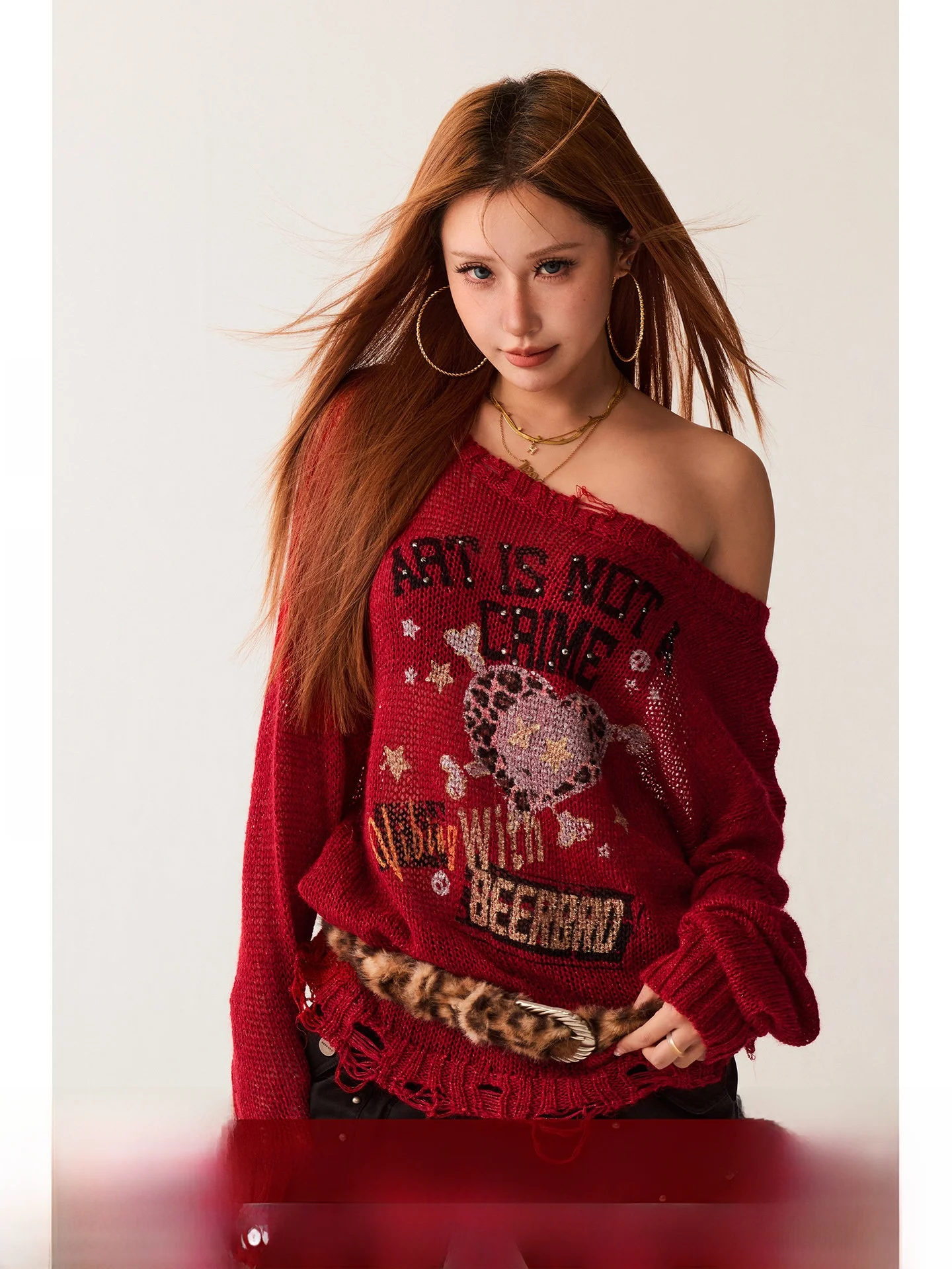 

BeerBro Retro Sound Wave Lazy Cool Spicy One Shoulder Hollow Loose Sweater Cover up Soft Polyester Blend Long Sleeve Spring A...