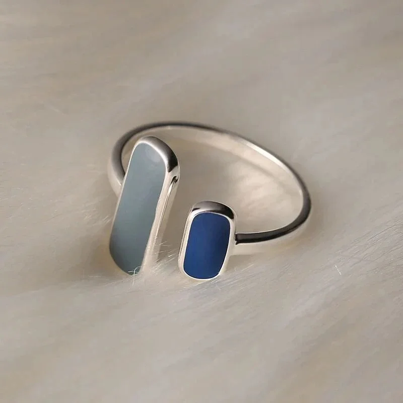 Huitan Blue Enamel Women Opening Ring Fresh Style Party Lady Accessories Silver Color Fashion Versatile Daily Charming Jewelry