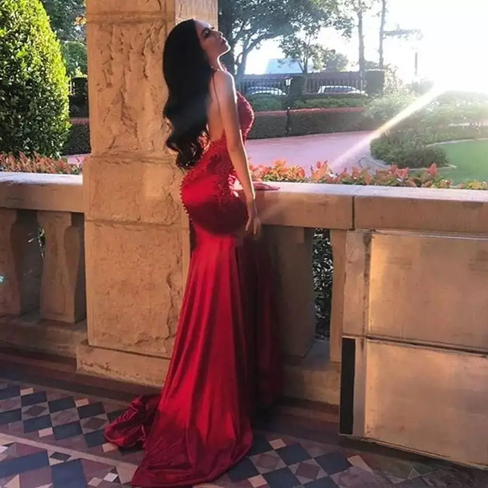 Charming Custom Made Red Lace Evening Gowns  Mermaid Backless Spaghetti Straps Satin Party Prom Dress Formal Occasion Guest