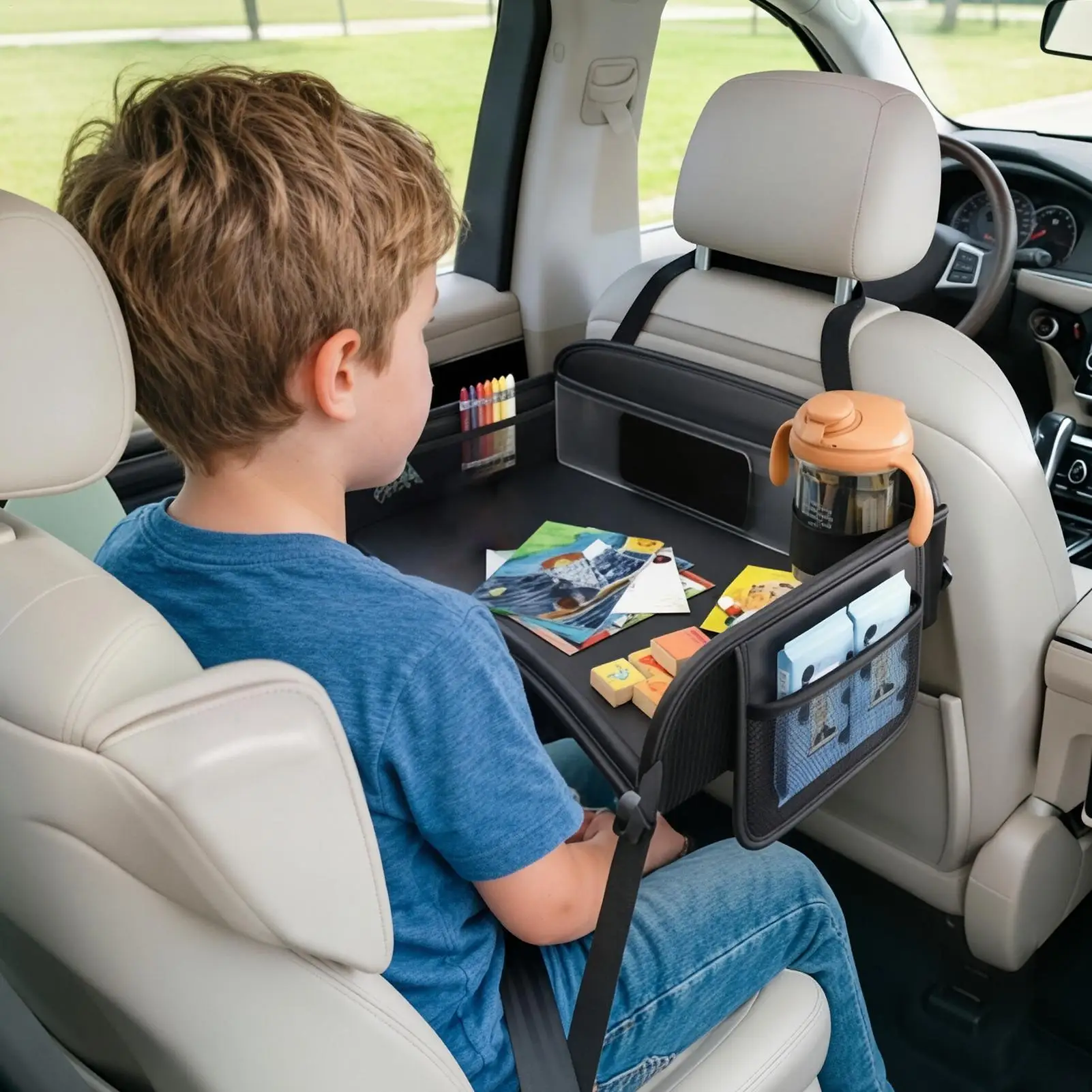 Kids Travel Tray Adjustable Waterproof Portable Carseat Table Kids Car Lap Desk For Snacks Water Bottle Toys Drawing Dining