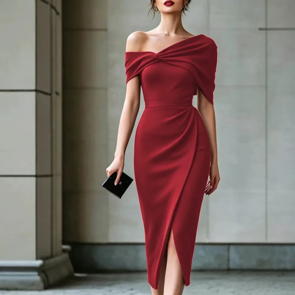 Pull on Bodycon Gown Mid Waist Elegant with Party Dress Slim Fit Pencil Silhouette Slant Neck Short Sleeve Summer for Women