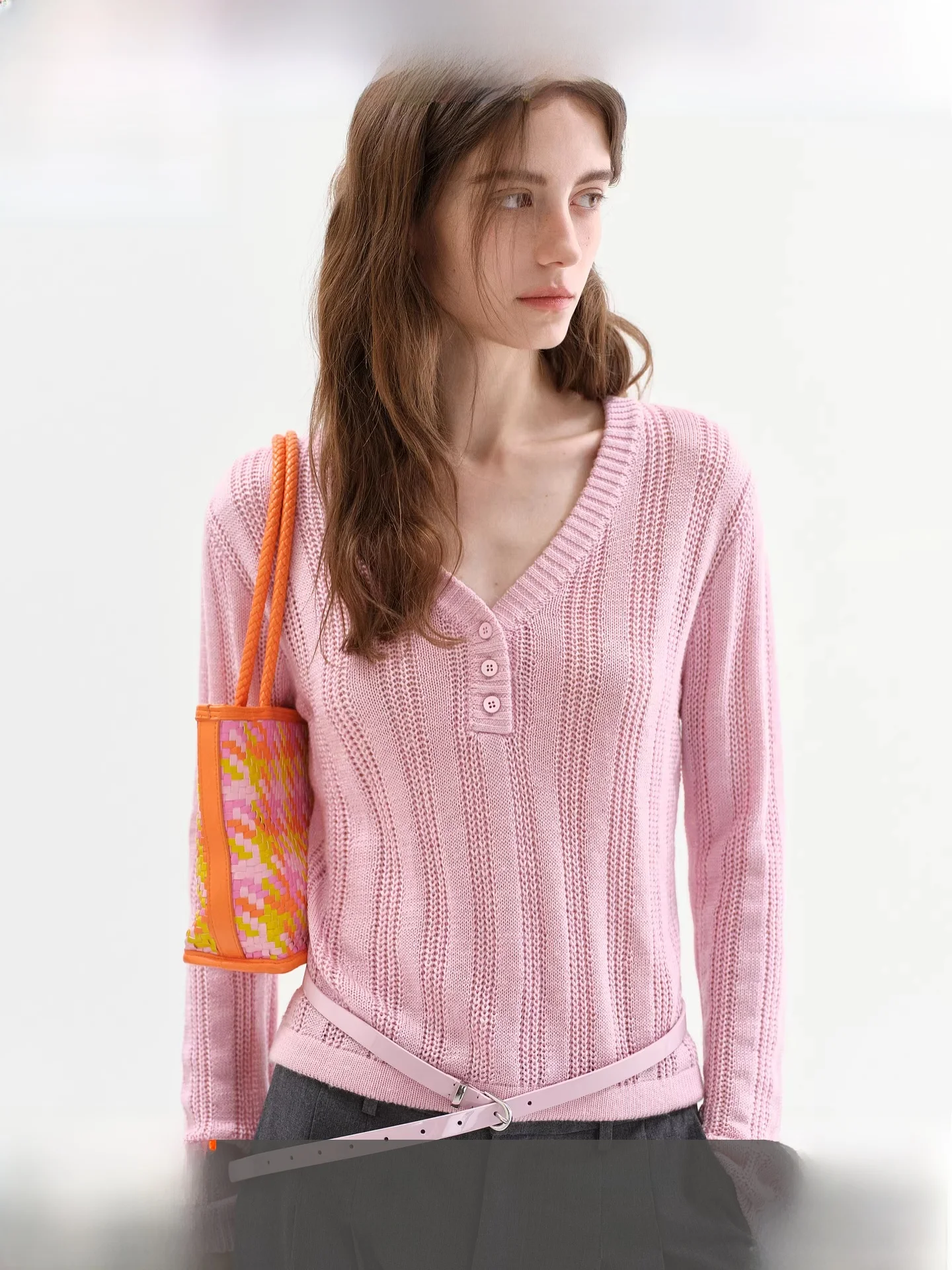 

Fano Spring Early Sweet Cool aron Breathable Texture V-ne f Open Knitwear Top Women's Faion Korean Sle Slim Fit