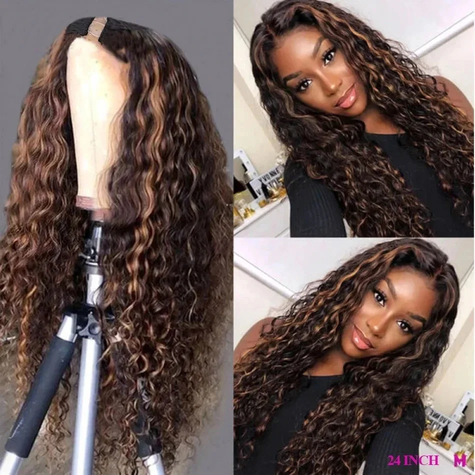 

Highlight Dark Chocolate Brown Deep Curly V Part Wigs 100% Human Hair Glueless Water Wave Full U Shape For Women 250% Density