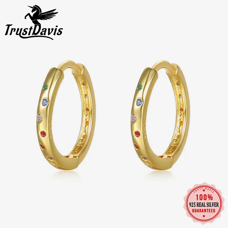 

TrustDavis Real S925 Sterling Silver Fashion Geometric Colored Zircon Hoop Earring for Women Girls Wedding Jewelry LB696