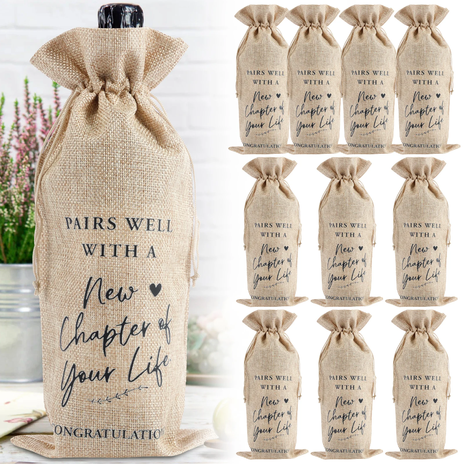 10Pcs Going Away Wine Bag with Drawstring Linen Farewell Wine Bag Portable New Beginning Gift Bags  Tear Resistant Wine Bottle