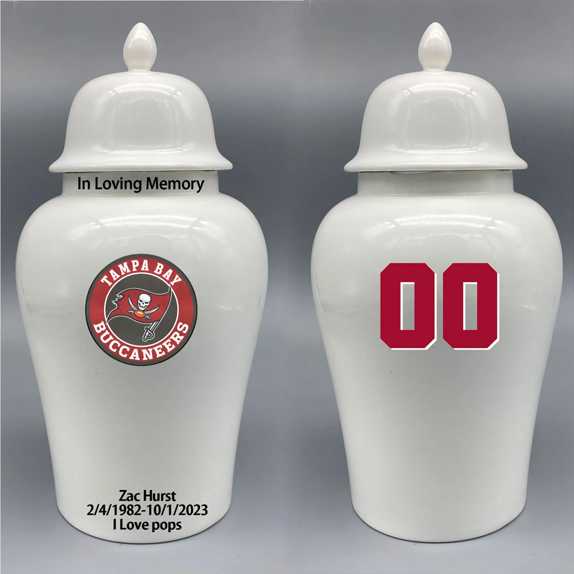 

Large Urn for Tampa Bay Buccaneers-themed Logo Urn.Please send me the customize information-name/date and number on the urn