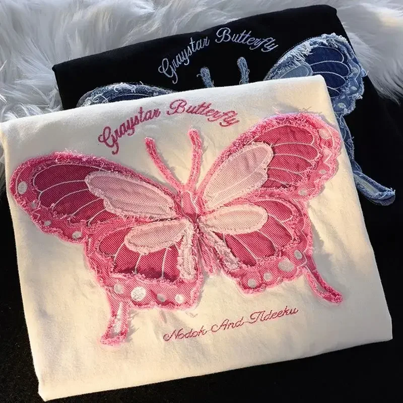 Camiseta de mariposa bordada tridimensional de algodón de estilo americano para mujer, camiseta de manga corta, ropa informal suelta de verano