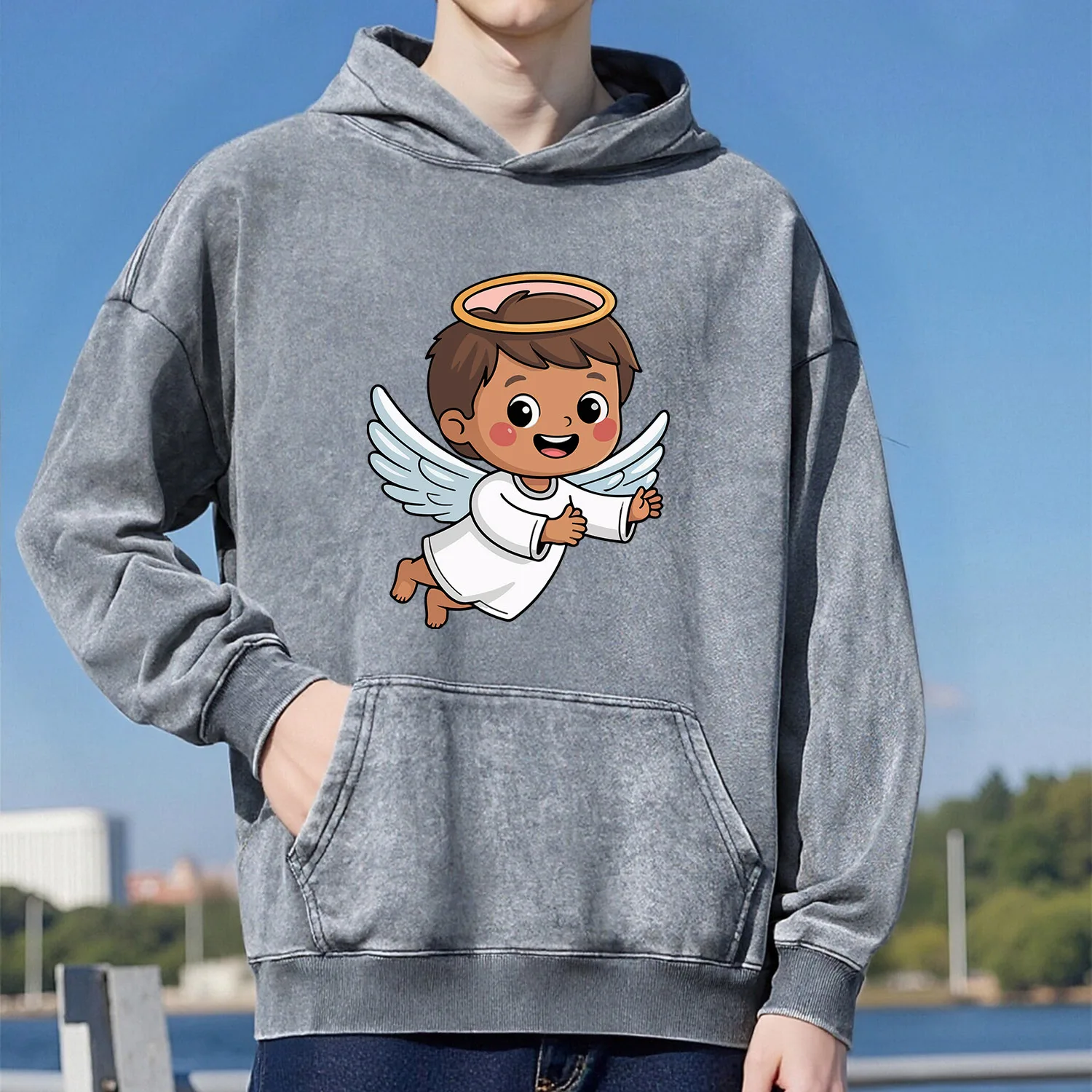 Толстовка с капюшоном в стиле ретро в стиле ангела, унисекс, повседневный, спортивный стиль, из чистого хлопка, уличный стиль, 400 г