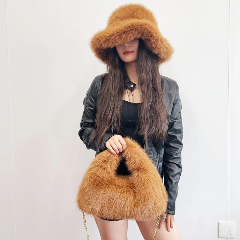 Winter Leopard Hat and Bag Suits Women Casual Furry Shoulder Bag Faux Fur Basin Hat Fur Handbags 2026 Gifts Fluffy Caps Clutch