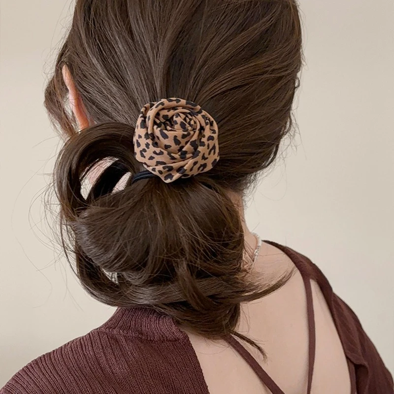Leopard Print Rose Flower Hairbands High Elastic Fabric Rubber Bands Sweet Cute Women Girls Hair Accessories for Ponytail Holder