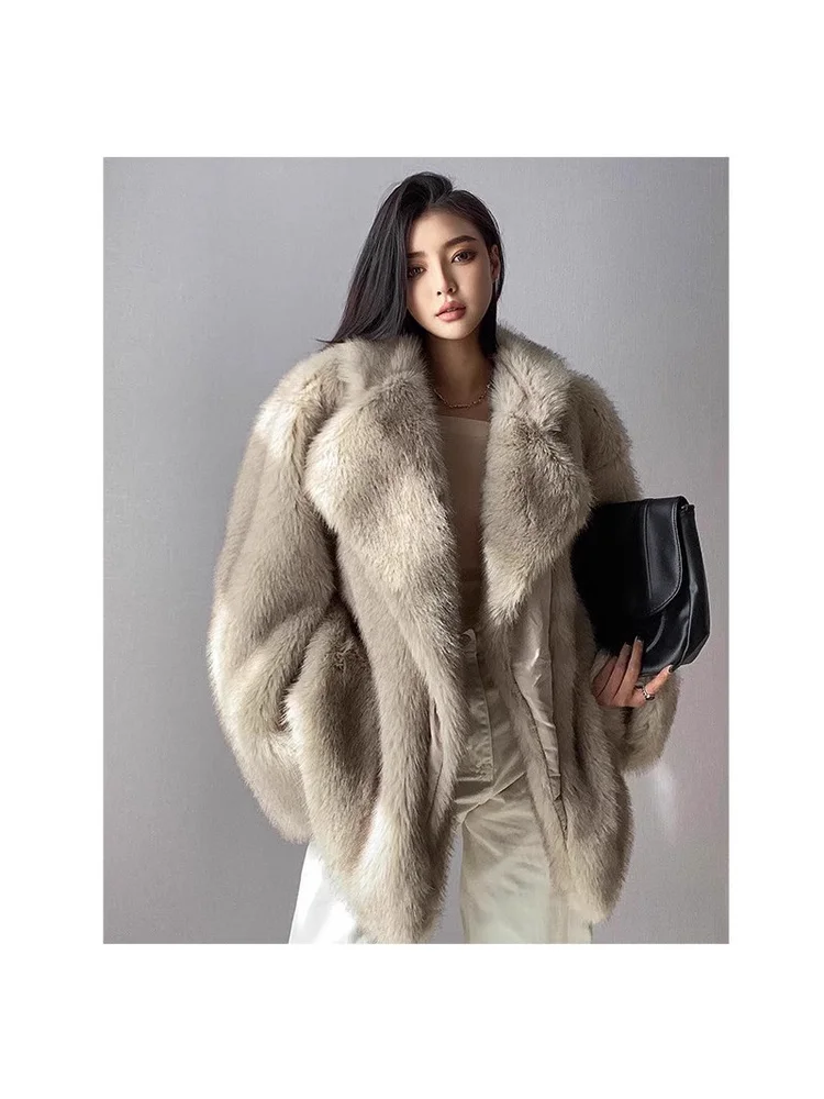

French Elegant Noble Socialite Solid Color Winter Warm Charming Exquisite Comfortable Smooth Soft Fashionable Faux Fur Outerwear