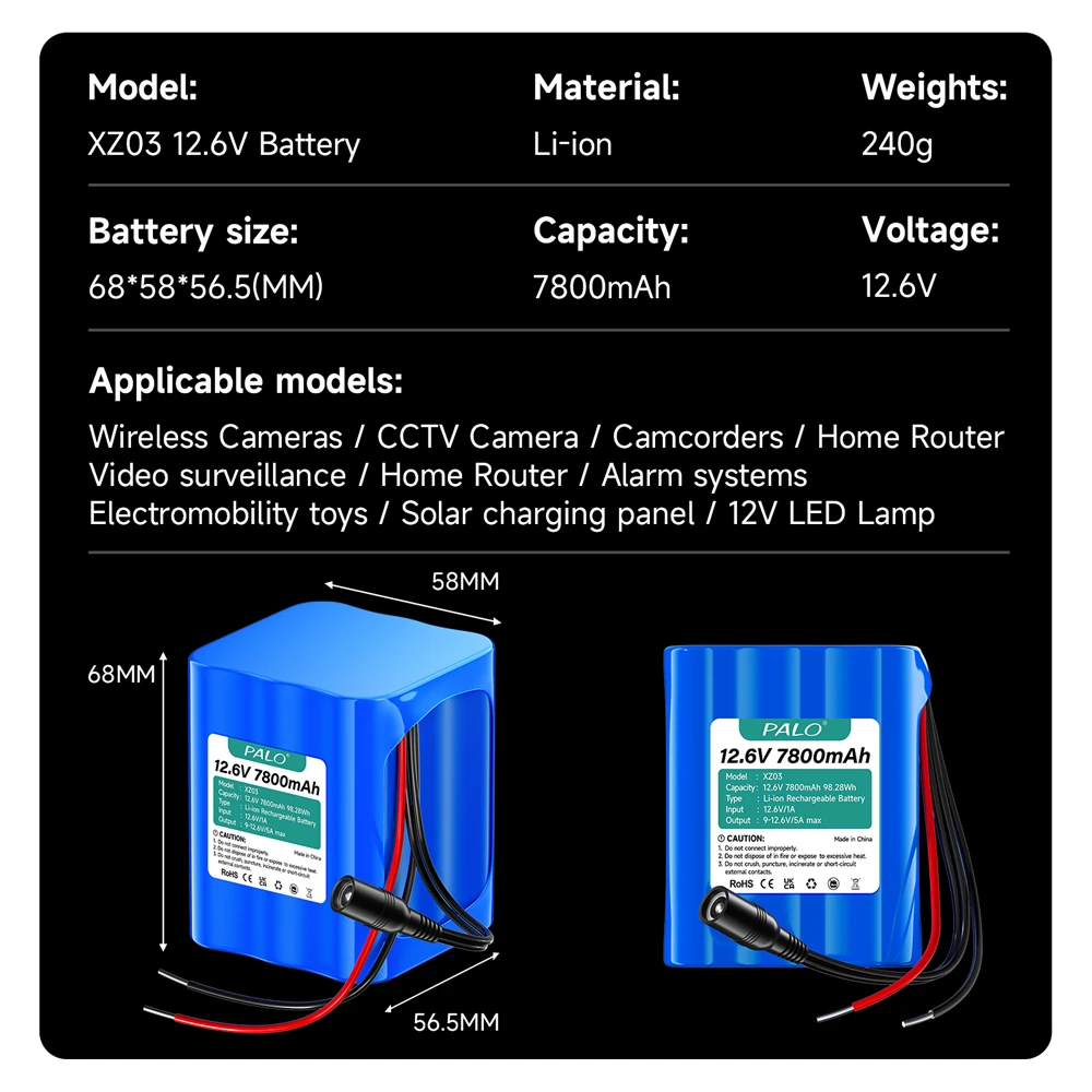 PALO 12.6V 7800mAh Portable Rechargeable Lithium-ion Battery DC 12.6V For Wireless Camera CCTV Camera Solar Charging Board