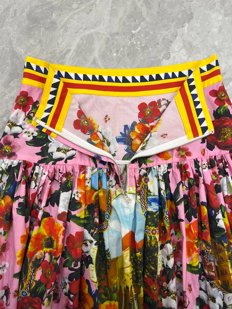 AELESEEN Women Summer Poplin Skirt Runway Fashion 100% Cotton Colorful Flower Print High Waist Elegant Long Party Holiday