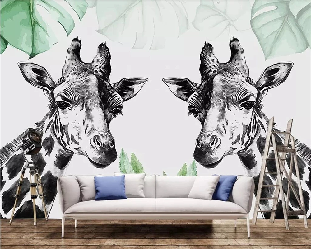 Customized Wallpaper Nordic pastoral 3D simple black white giraffe Mural Living room sofa TV background wall bedroom restaurant