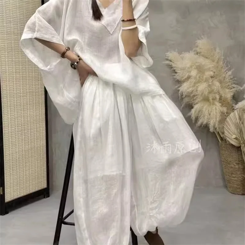 Loose Ramie Set For Women Large Size With Bat Sleeves V-neck Cotton Linen T-shirt Casual Lantern Pants Two-Piece Set For Summer