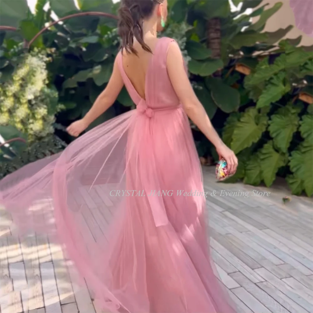 New Arrival 2023 Sexy V Neck Soft Tulle Sleeveless A Line Party Gowns Floor Length Open Back Long Prom Dresses