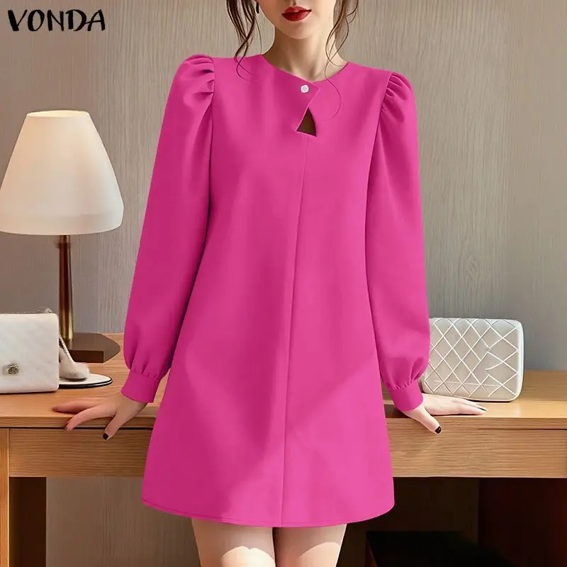 플러스 사이즈 5XL VONDA 패션 미니 드레스 여성 봄 긴 소매 파티 드레스 2026 우아한 단색 선드레스