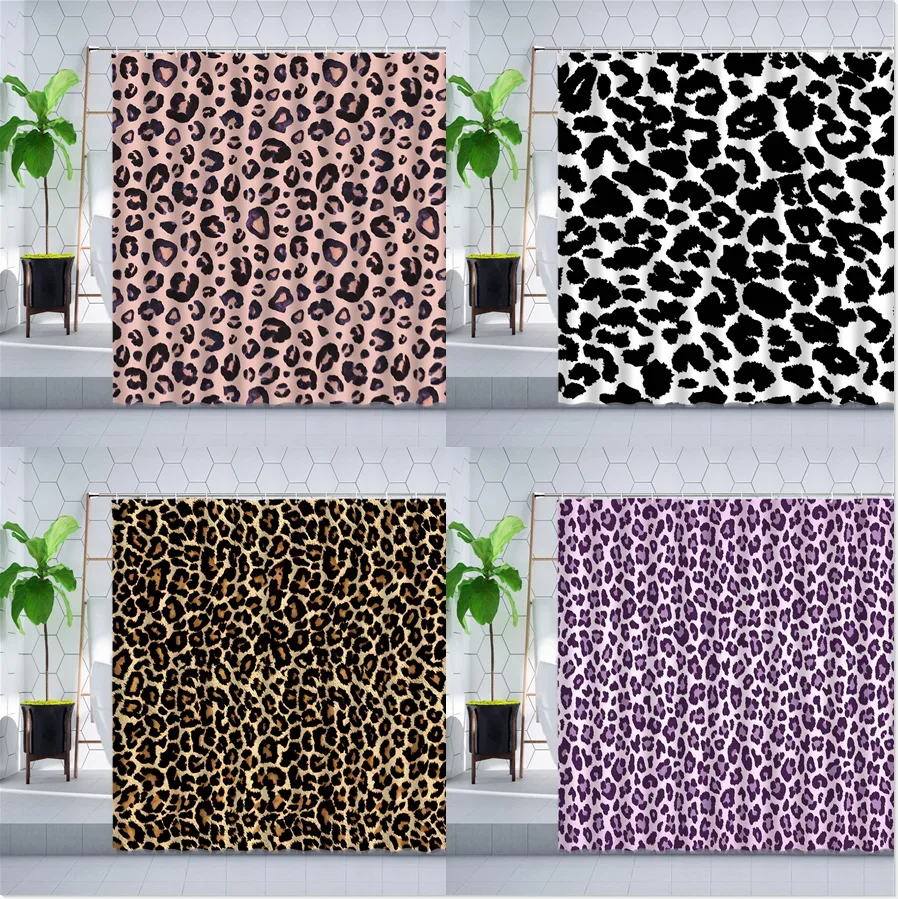 Creative Color Leopard Shower Curtain Hook Animal Texture Black White Purple Modern Dot Geometric Bathroom Hanging Curtains Set
