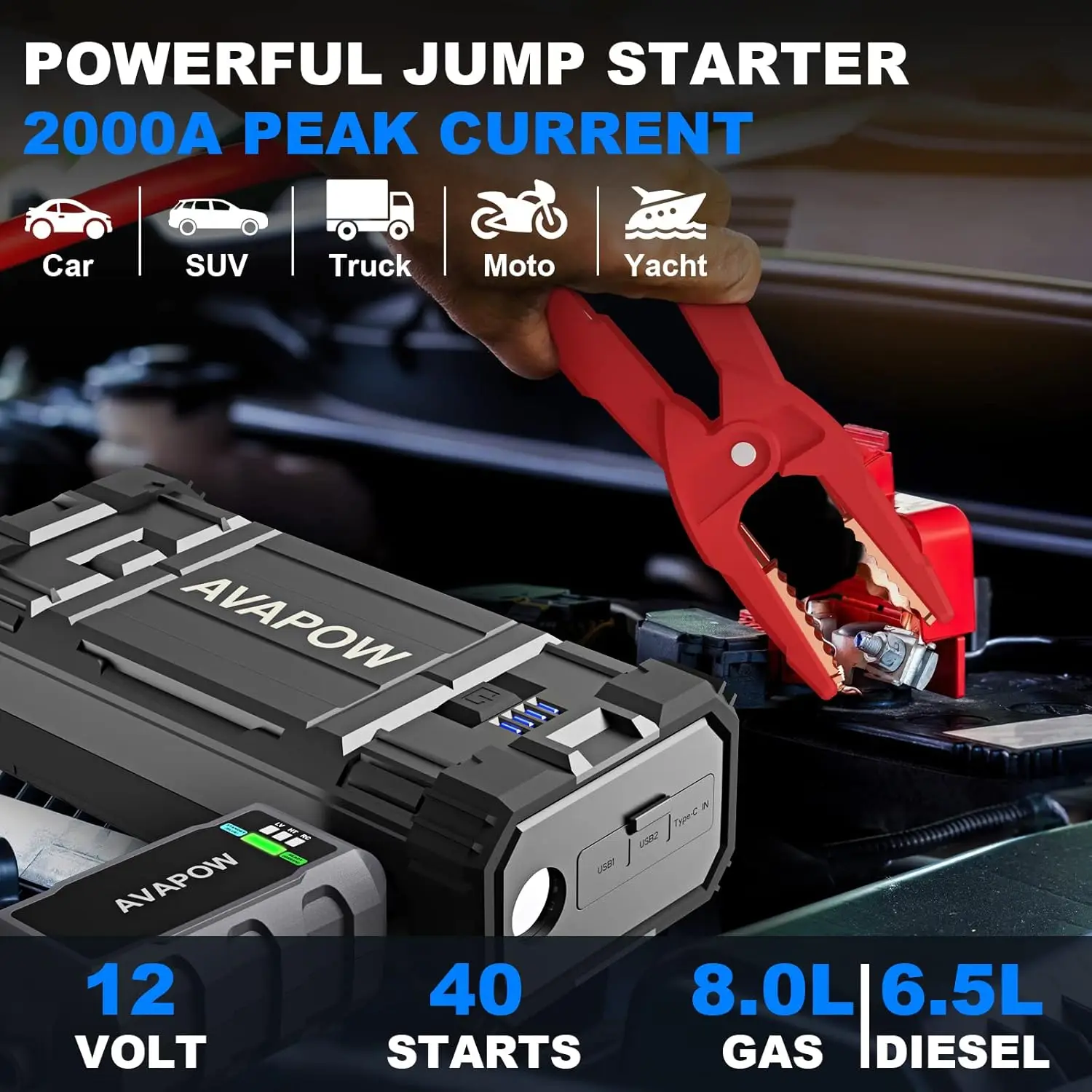 Jump Starter 2000A Peak Portable Battery Jump Starter for Car with Dual USB Quick Charge 3.0(Up to 8.0L Gas or 6.5L Diesel)