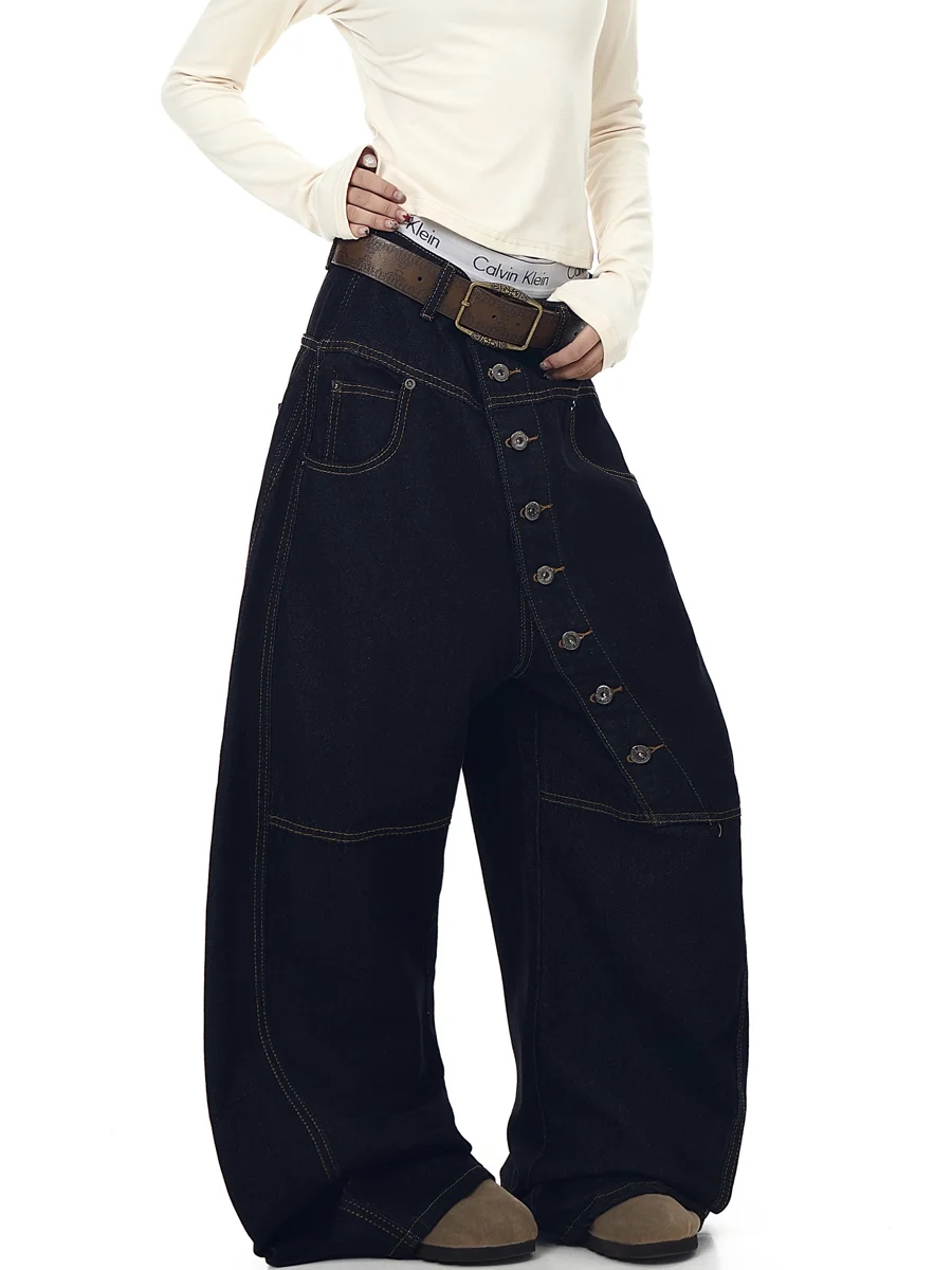 

American Style Deconstructed Multi-Button Slant Design Original Color Jeans Men's Women's Willow Leaf Knife Straight Leg Pants