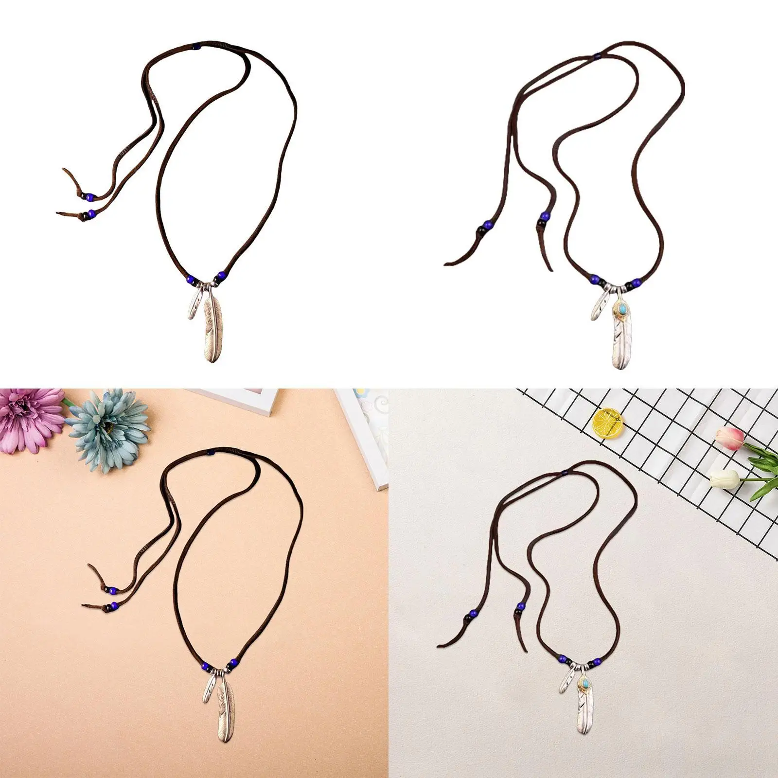 Indian Retro Feather Pendant Necklace for Women Girls Adjustable PU Leather Choker Fashion Jewelry for Wedding Party