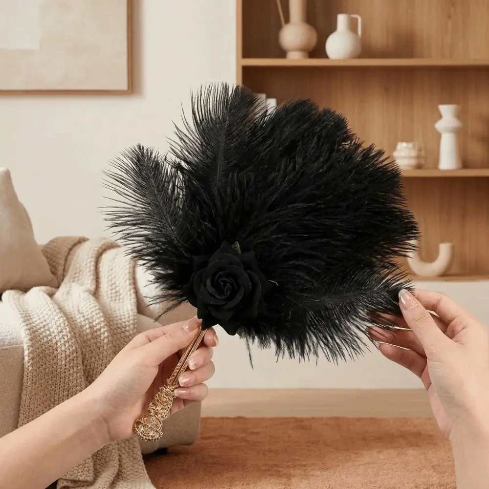 Gold Handle Ostrich Feather Fan Soft Fluffy Handmade Craft Chinese Hand Fan Fan Artificial Rose Cosplay Props Fan Wedding Events
