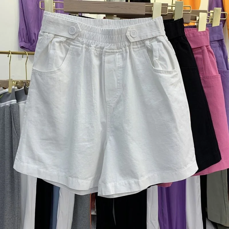 2025 Pantalones cortos Mujer Verano Algodón Pantalones casuales Pantalones sueltos de gran tamaño Pantalones de pierna ancha Púrpura Negro Blanco Rosa-rojo Pantalones cortos de cintura alta