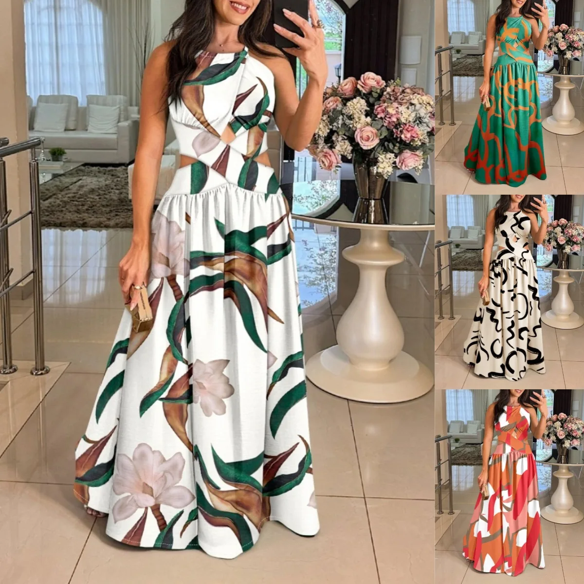 Abito estivo nuovo sexy con scollo all'americana per le donne Nuova moda per le vacanze Stampa floreale Vita sottile Scava fuori abiti maxi senza schienale