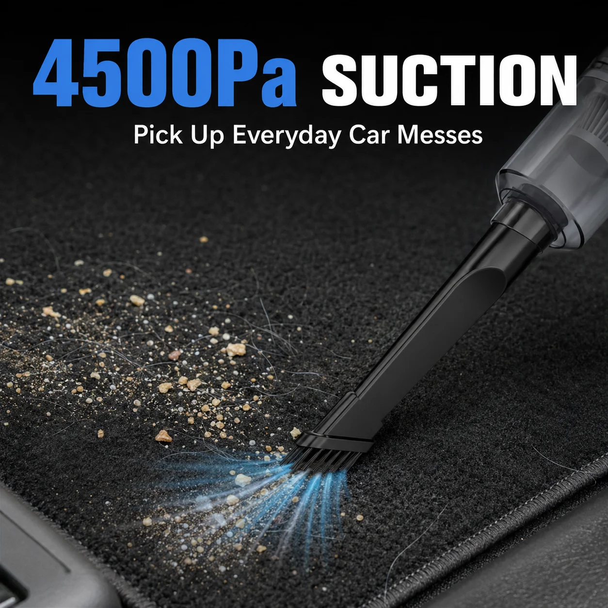 Cordless Handheld Car Vacuum Cleaner, 4500Pa Suction, USB-C Rechargeable, 3-Level LED Battery Indicator, Detachable Dust Cup, Crevice and Brush Nozzles, Charging Cable Included, for Car Seats