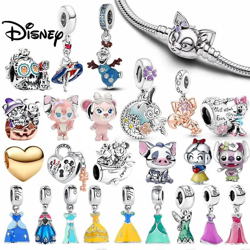2026 New 925 Silver Disney Mickey&Lina Belle Princess Dress Charms Pendant Fit Necklace Bracelet DIY Birthday Women's Party Gift