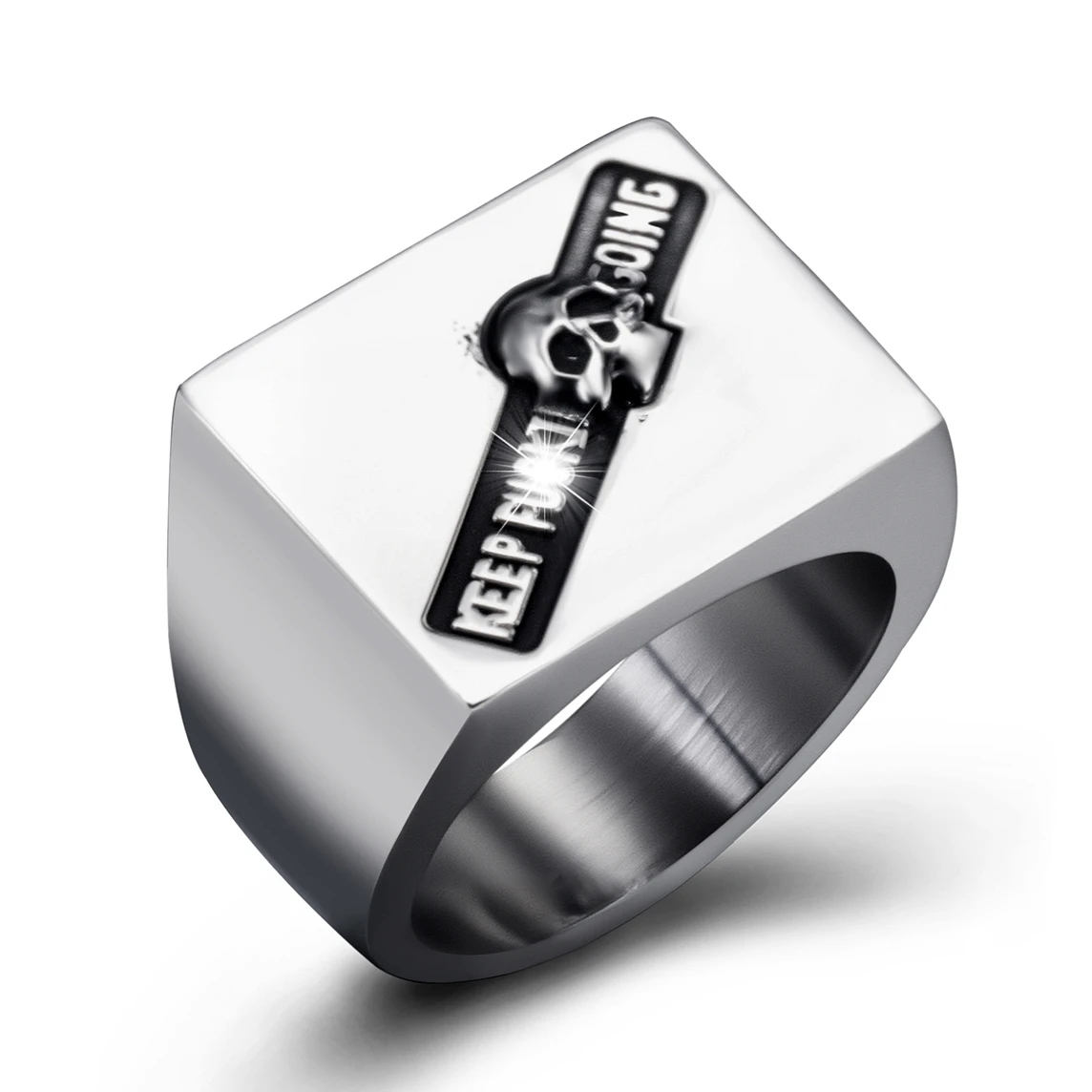Keep Going Skull Rings for Mens, Square Signet Ring for Dad Father Jewelry Gift for Him, Gothic Punk Skeleton Biker Ring