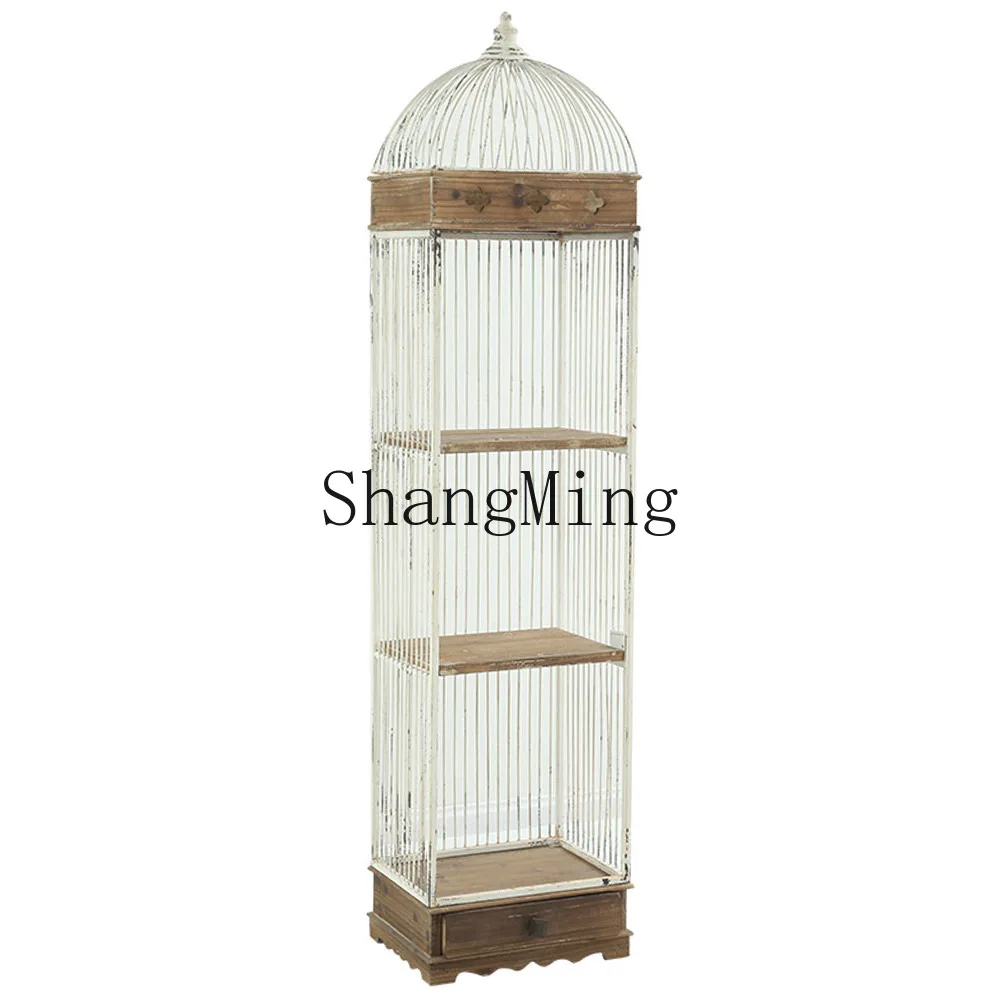 

DSA retro wrought iron bird cage shelf, floor-to-ceiling flower stand, American solid wood bookshelf, living room wooden shelf