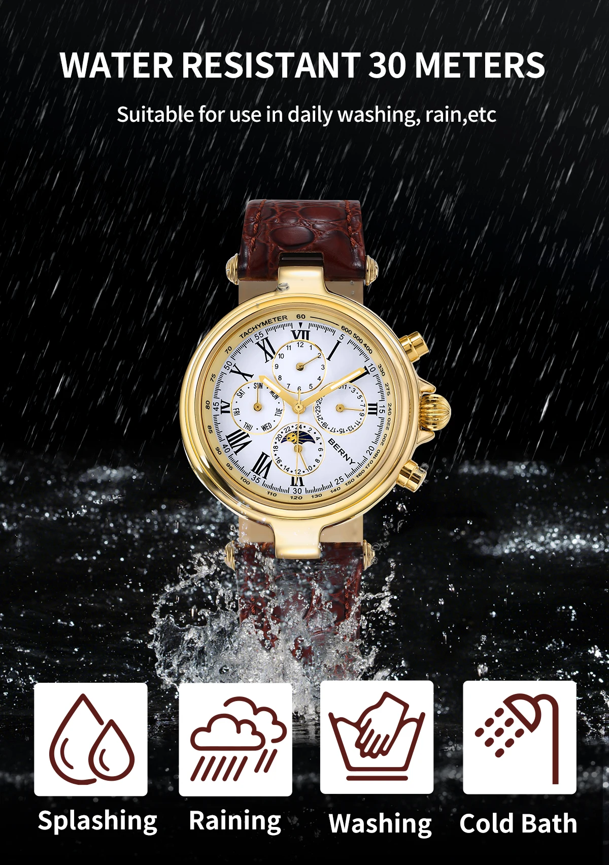 BERNY Retro Automatic Men's Watch Sun&Moon Phase Luminous ST1652 Classic Genuine Leather Luxury Mechanical Men's Dress Watches