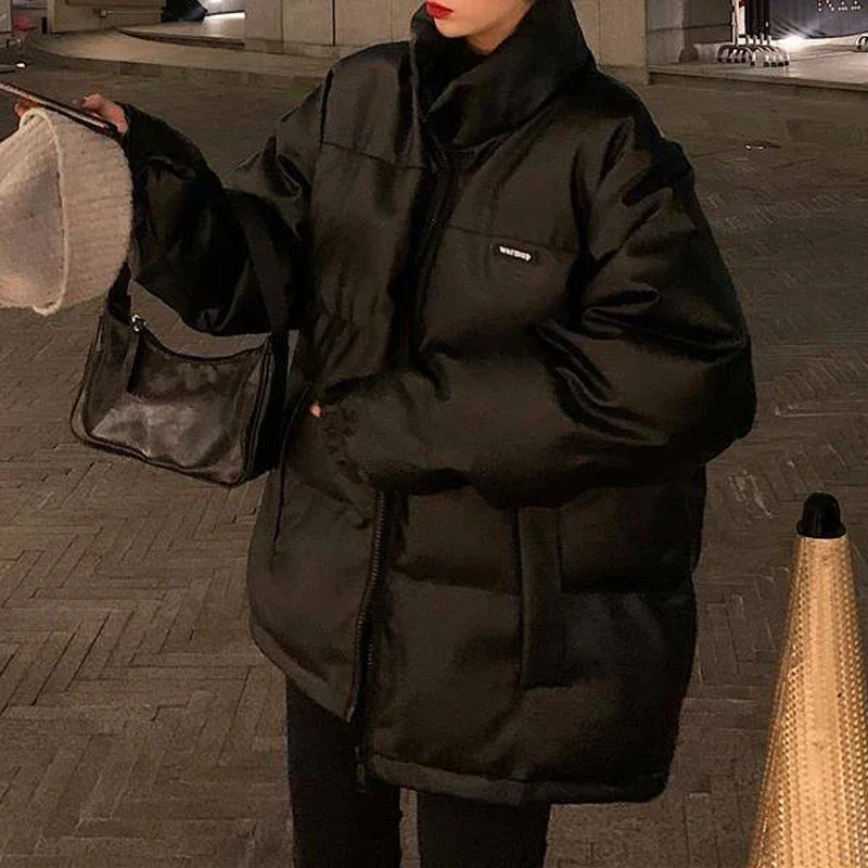 여성용 패딩 파카 솔리드 블랙 밝은 색상 두꺼운 한국 겨울 인조 가죽 재킷 가을 루즈 코트 여성용 무광 외투